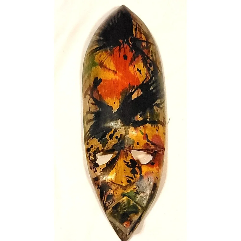 Colorful Africa Wooden Elongated Tribal Mask Hand Carved Wall Hanging Ghanaian